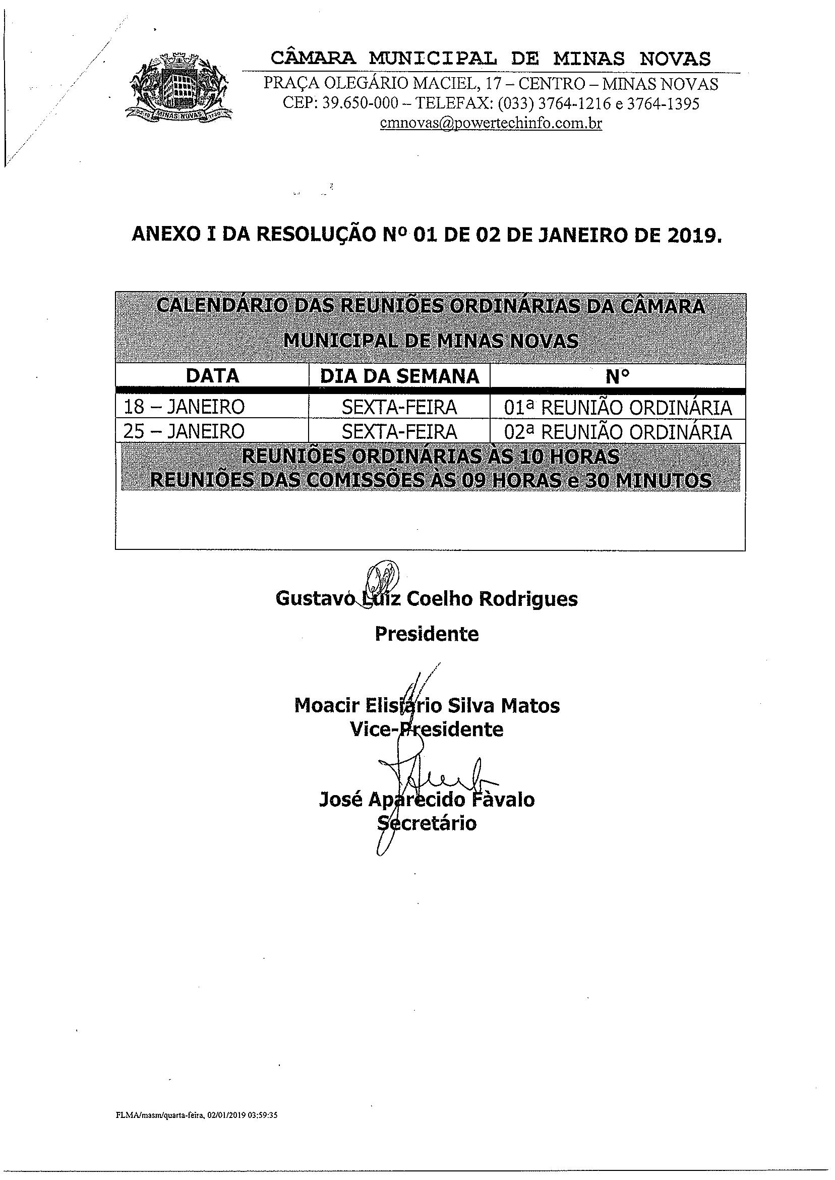 Calendário das Reuniões Ordinárias da Câmara Municipal de Minas Novas (Exercício de 2019) - Mês de janeiro