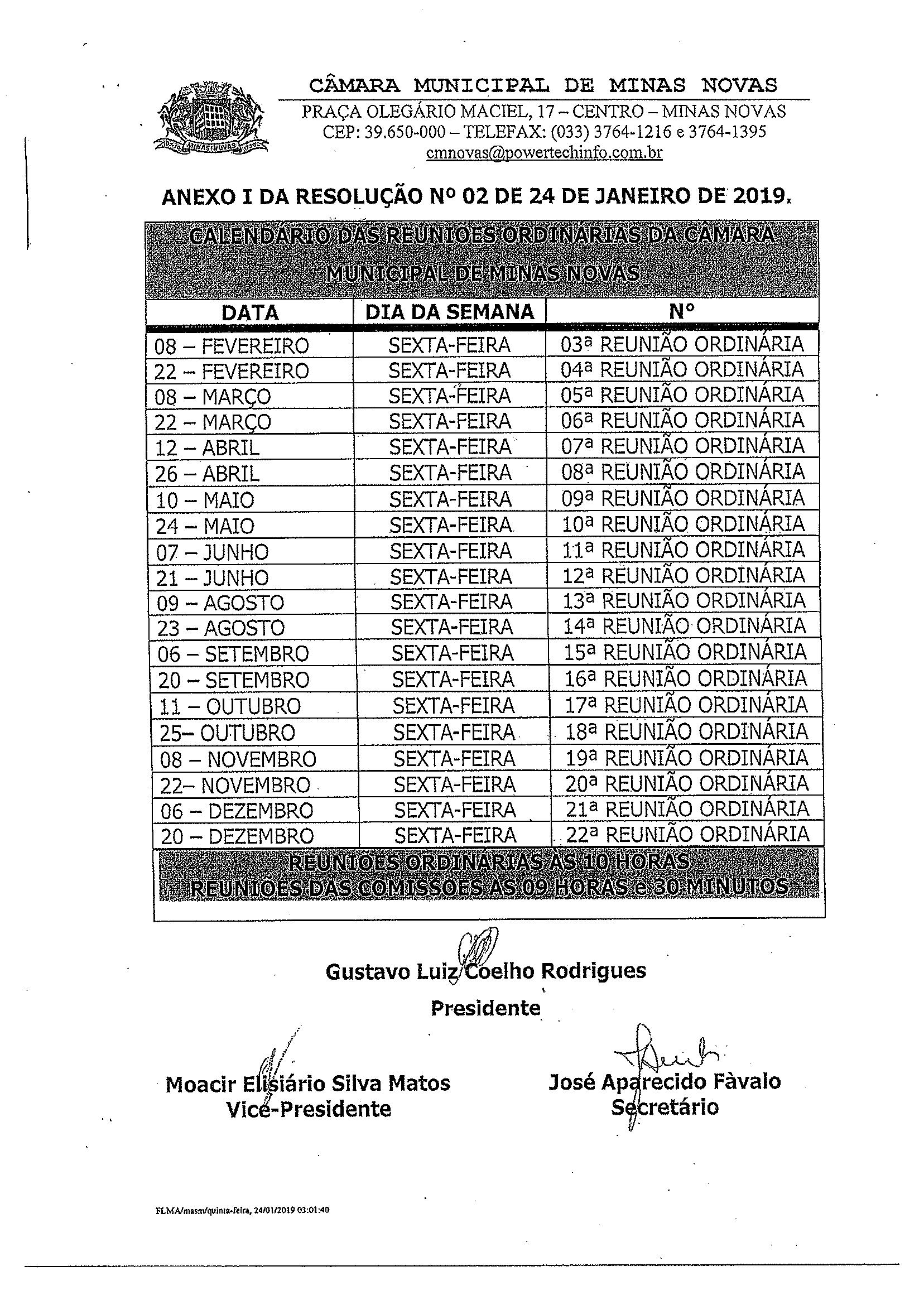 Calendário das Reuniões Ordinárias da Câmara Municipal de Minas Novas (Exercício de 2019)
