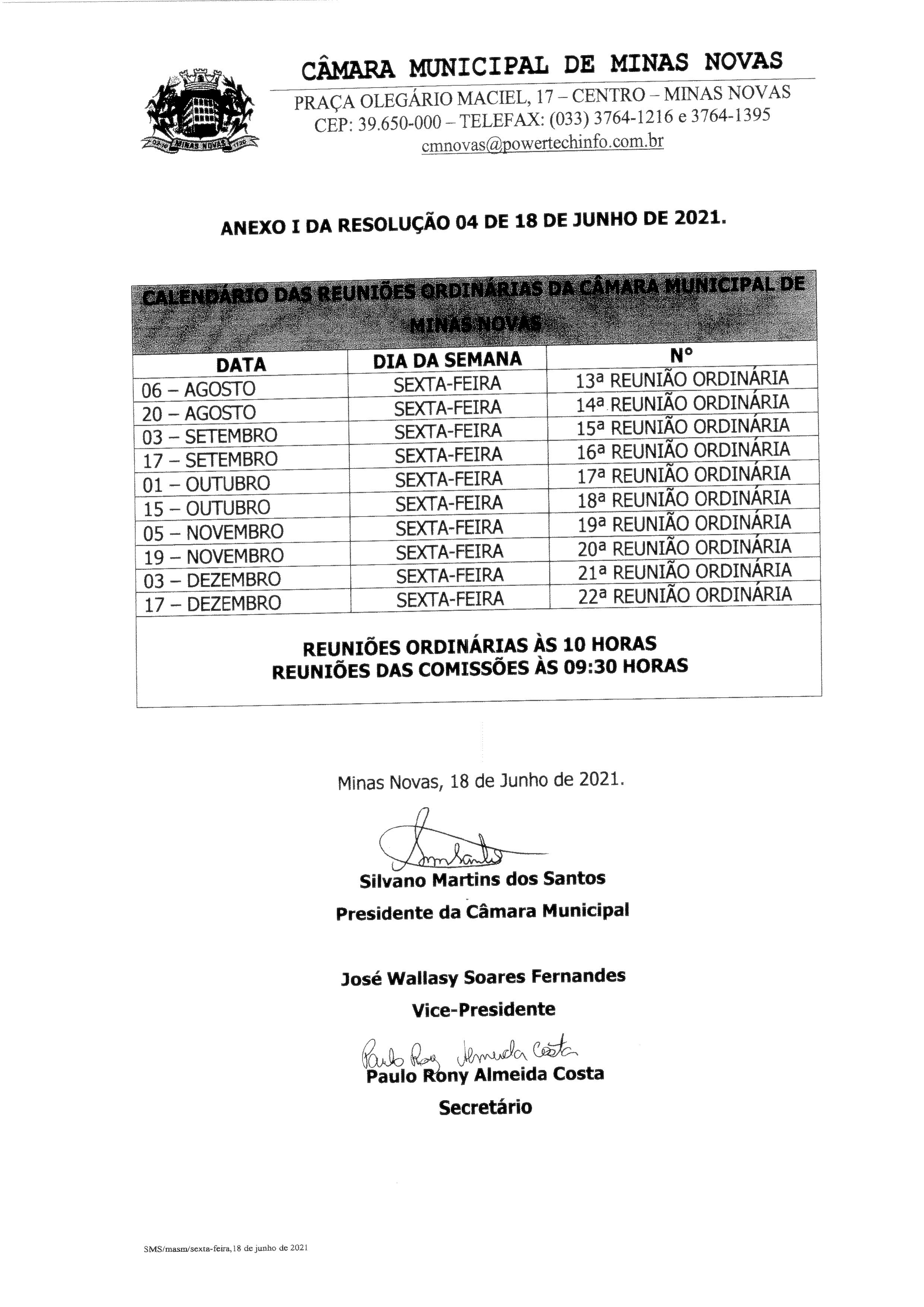 Calendário das Reuniões Ordinárias da Câmara Municipal de Minas Novas (Exercício de 2021) - 02º Semestre