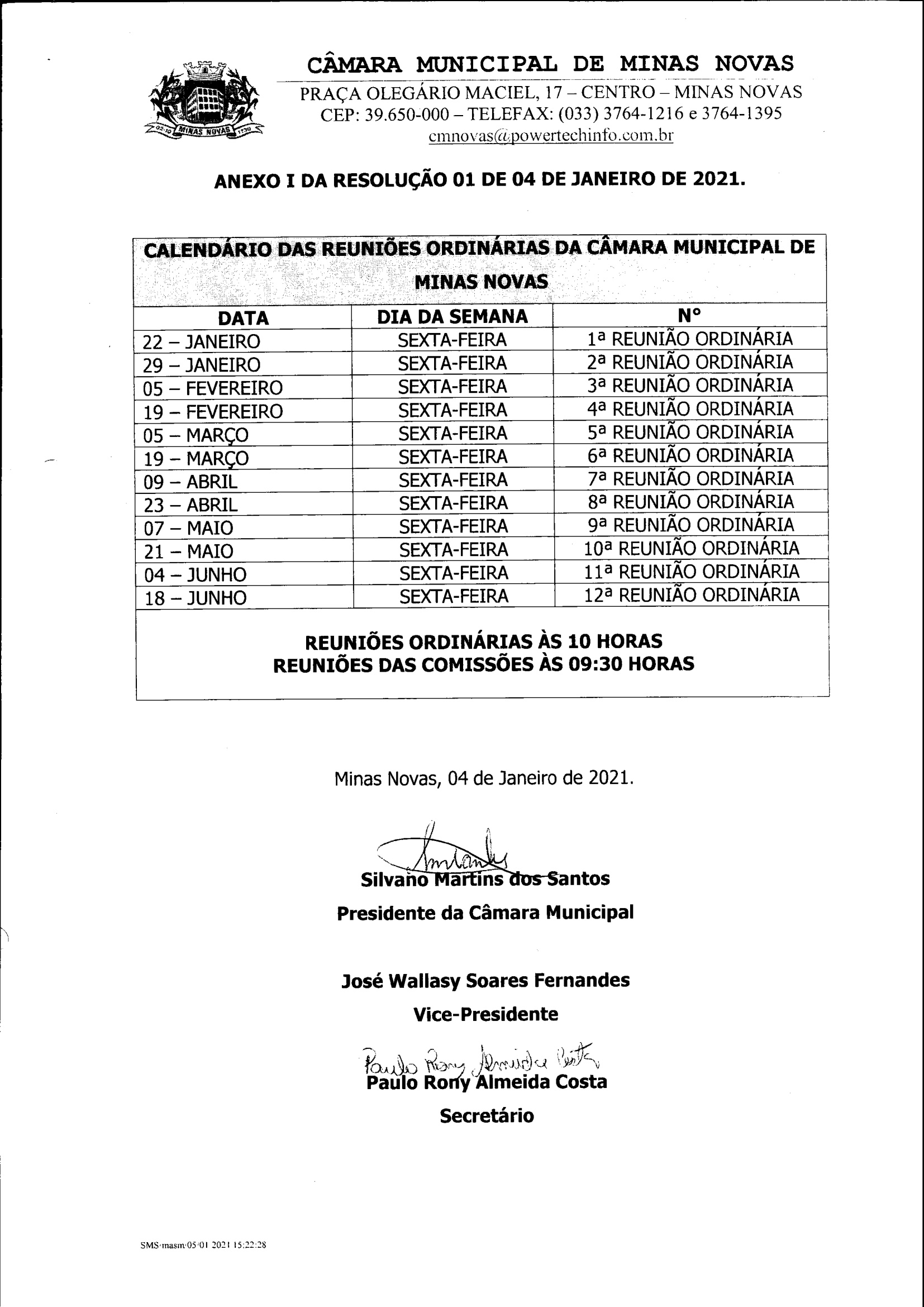 Calendário das Reuniões Ordinárias da Câmara Municipal de Minas Novas (Exercício de 2021) - 01º Semestre