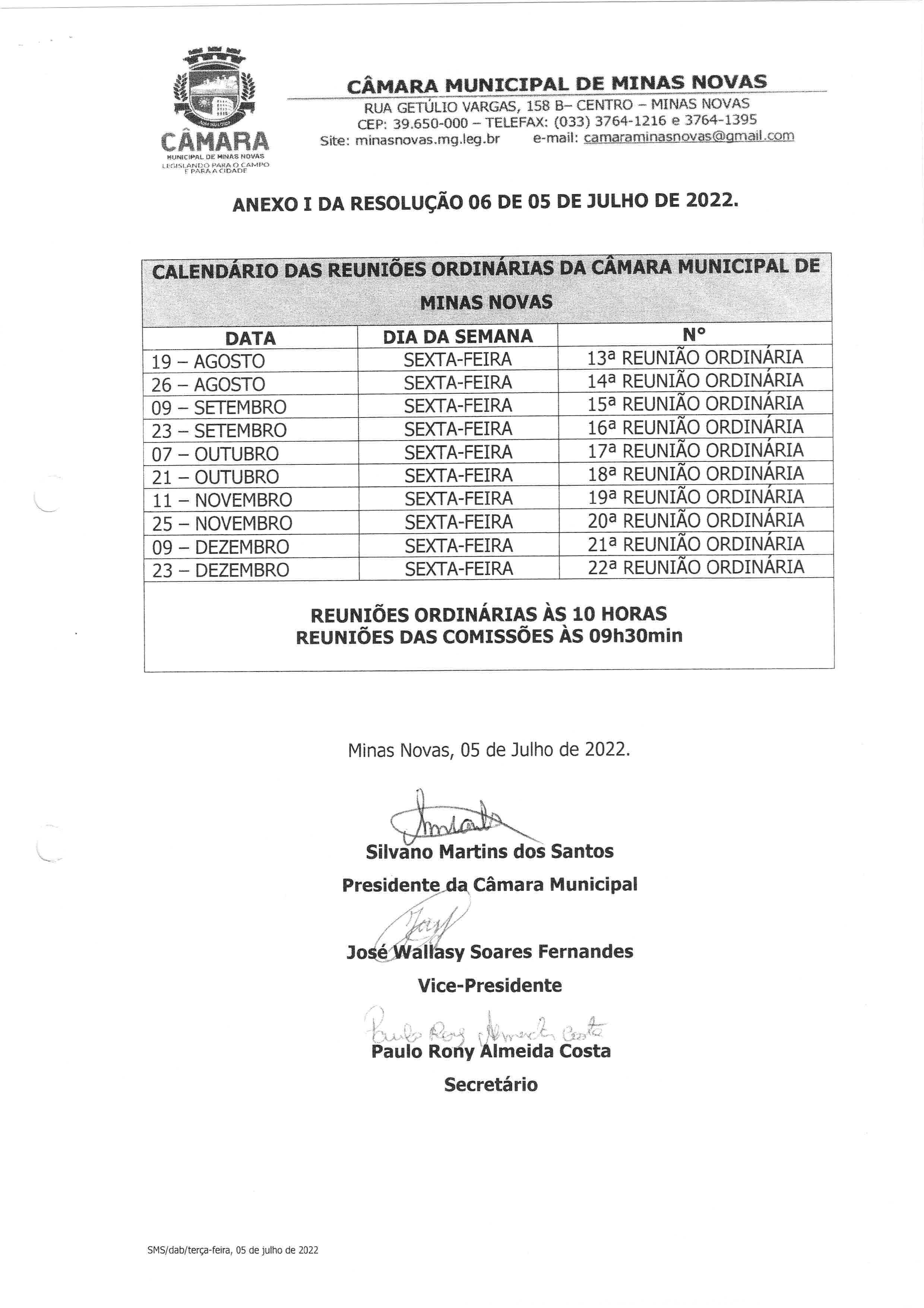 Calendário das Reuniões Ordinárias da Câmara Municipal de Minas Novas (Exercício de 2022) - 02º Semestre