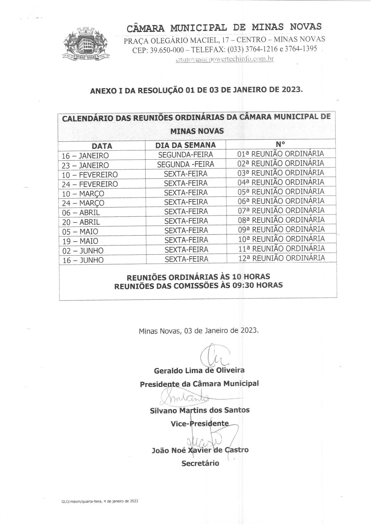 Calendário das Reuniões Ordinárias da Câmara Municipal de Minas Novas (Exercício de 2023) - 01º Semestre