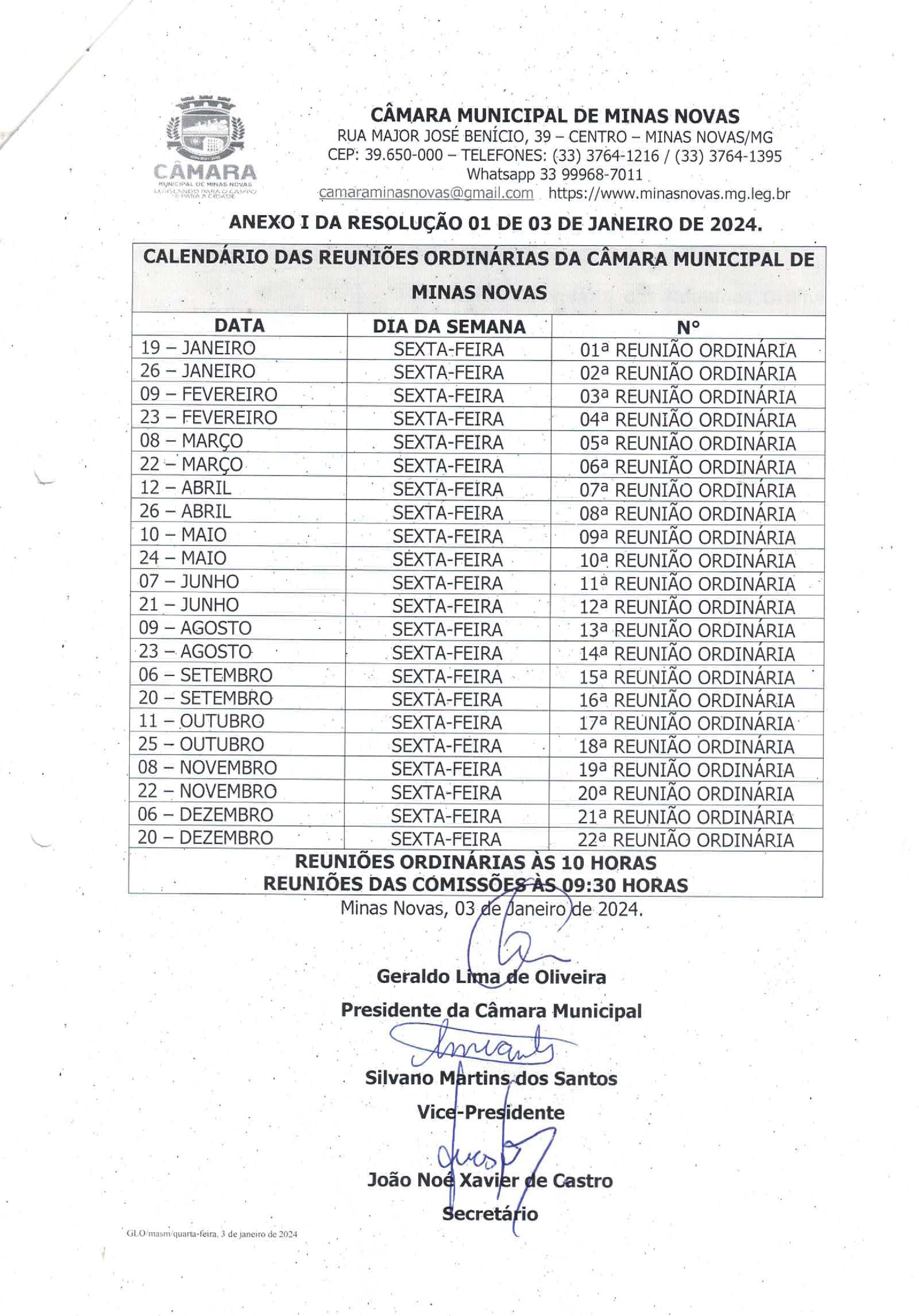 Calendário das Reuniões Ordinárias da Câmara Municipal de Minas Novas (Exercício de 2024) - 01º e 02º Semestre