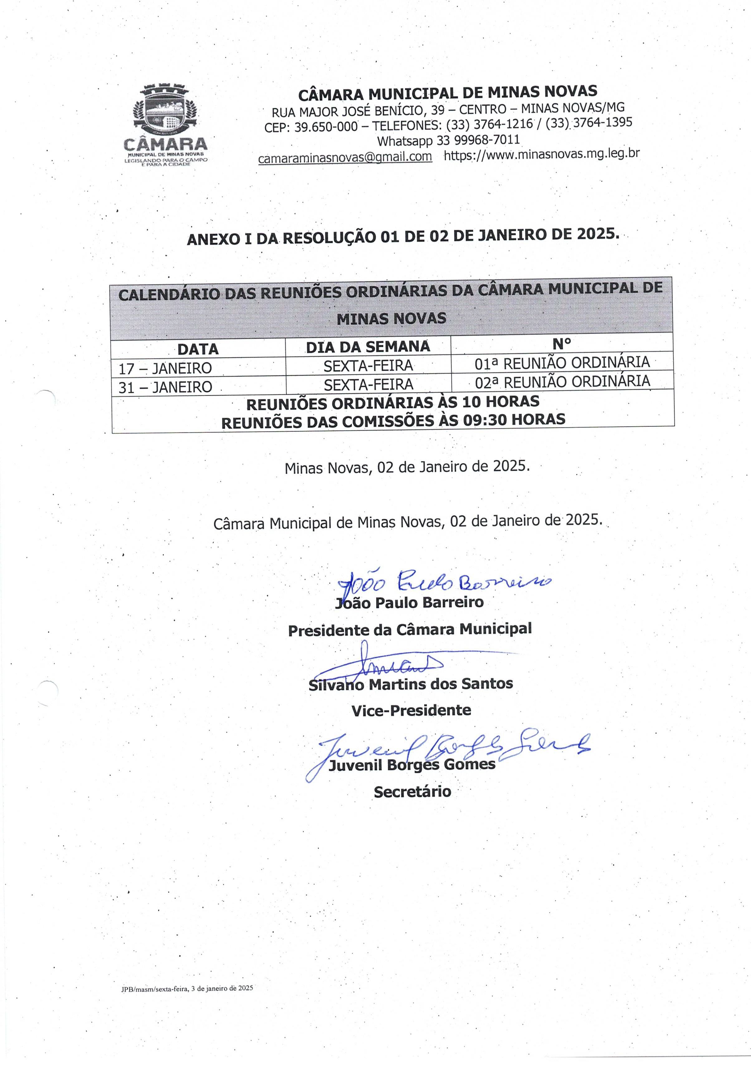 Calendário das Reuniões Ordinárias da Câmara Municipal de Minas Novas (Exercício de 2025) - 01º Semestre
