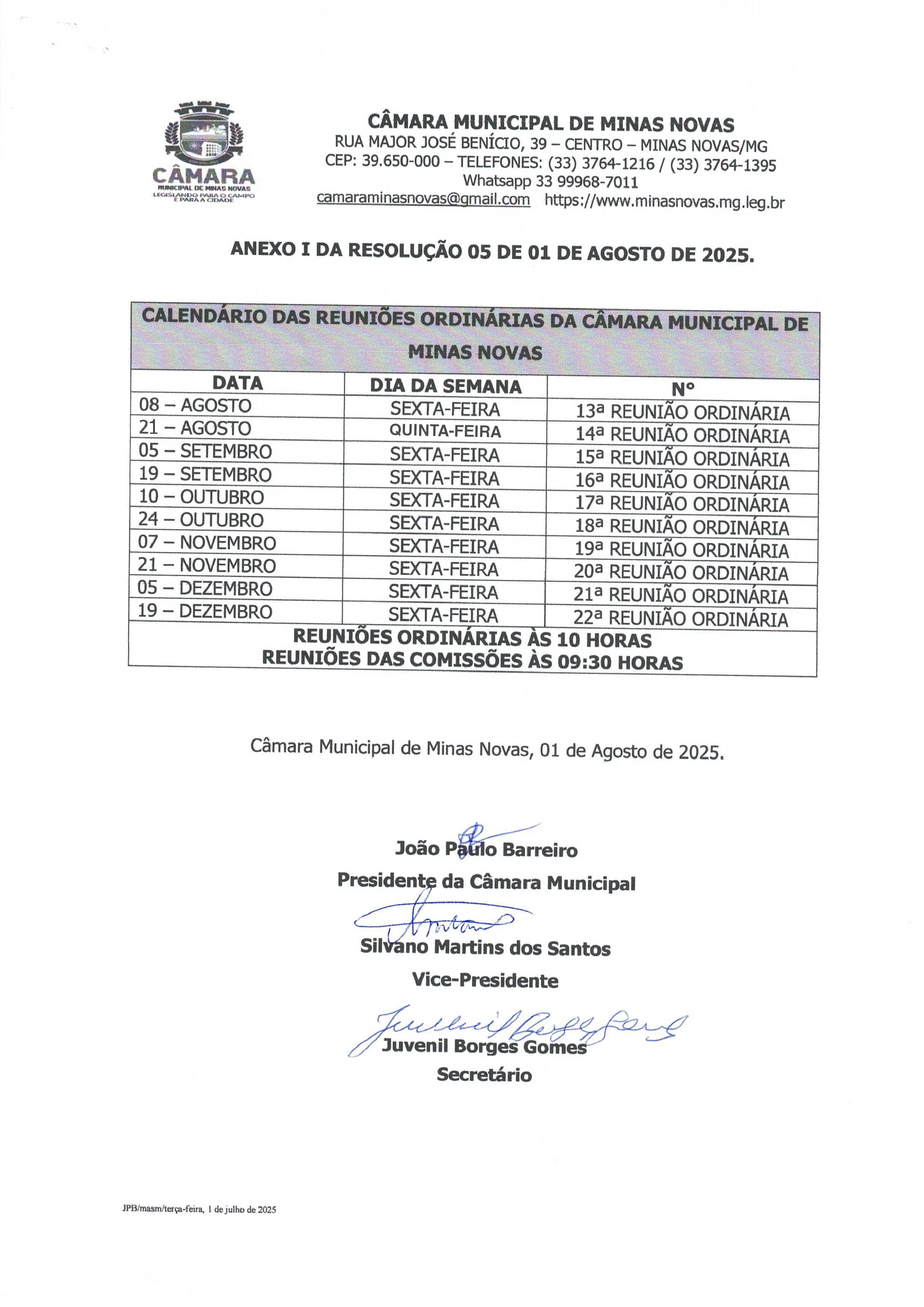 Calendário das Reuniões Ordinárias da Câmara Municipal de Minas Novas (Exercício de 2025) - 02º Semestre