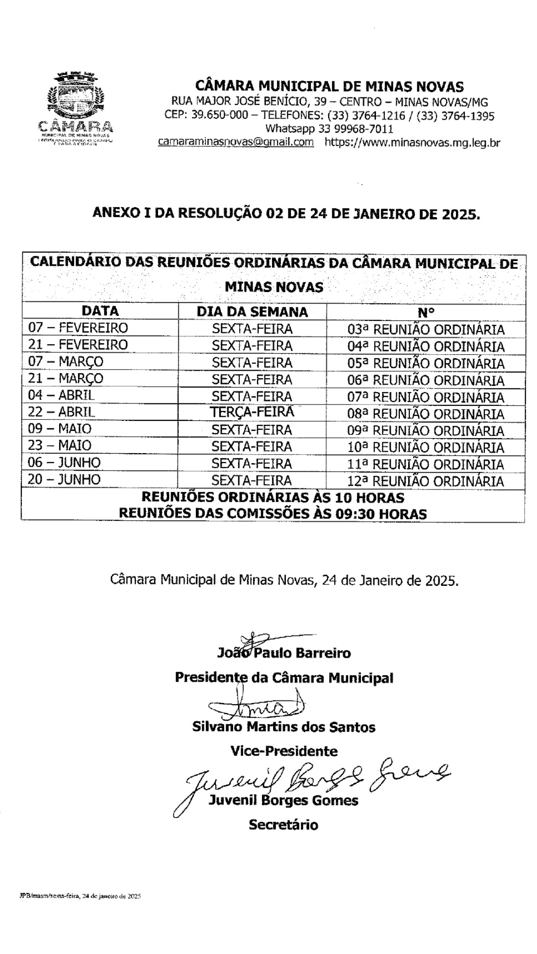Calendário das Reuniões Ordinárias 