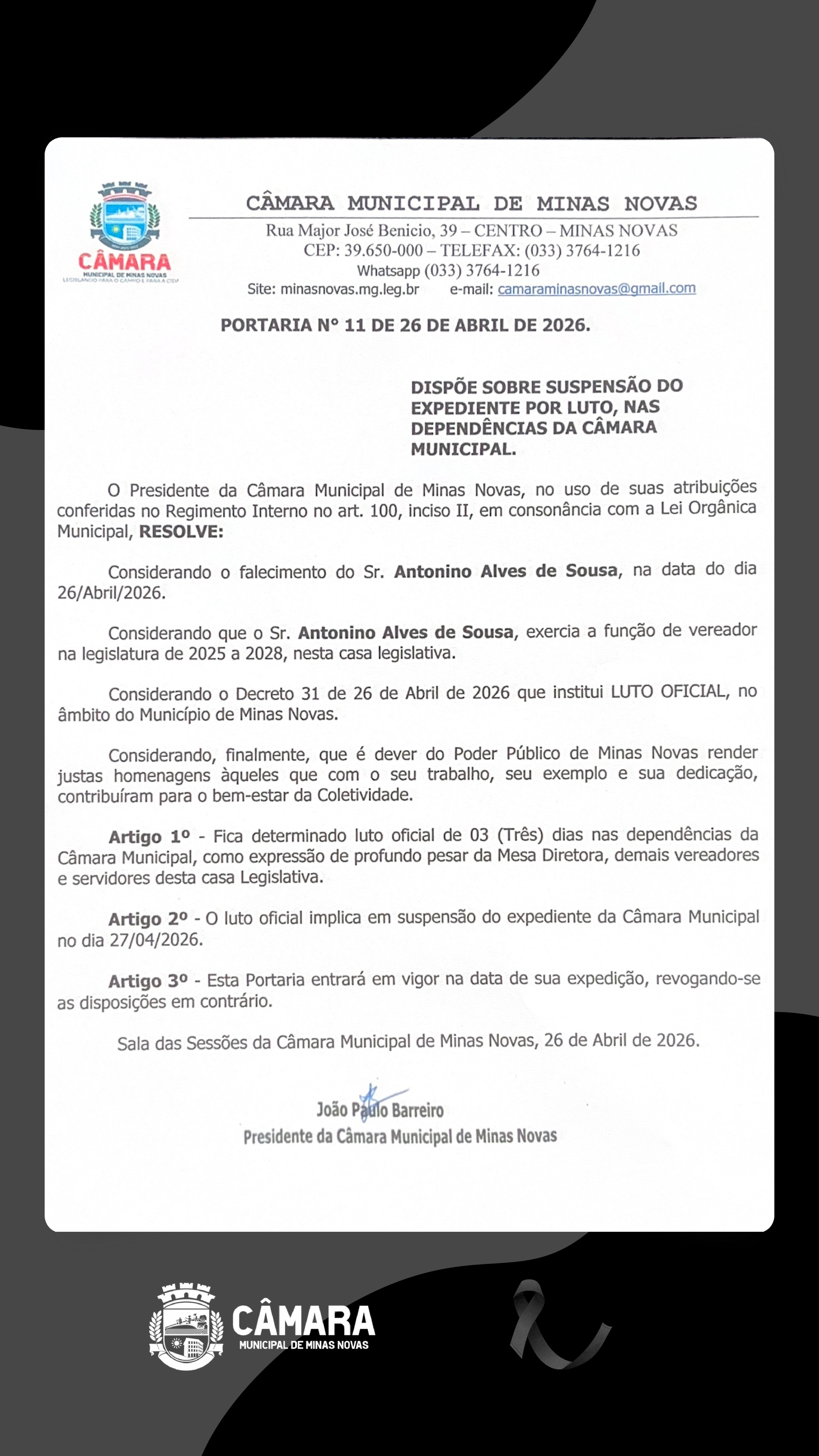 Luto decretado pelo falecimento do vereador Antônino Alves de Souza