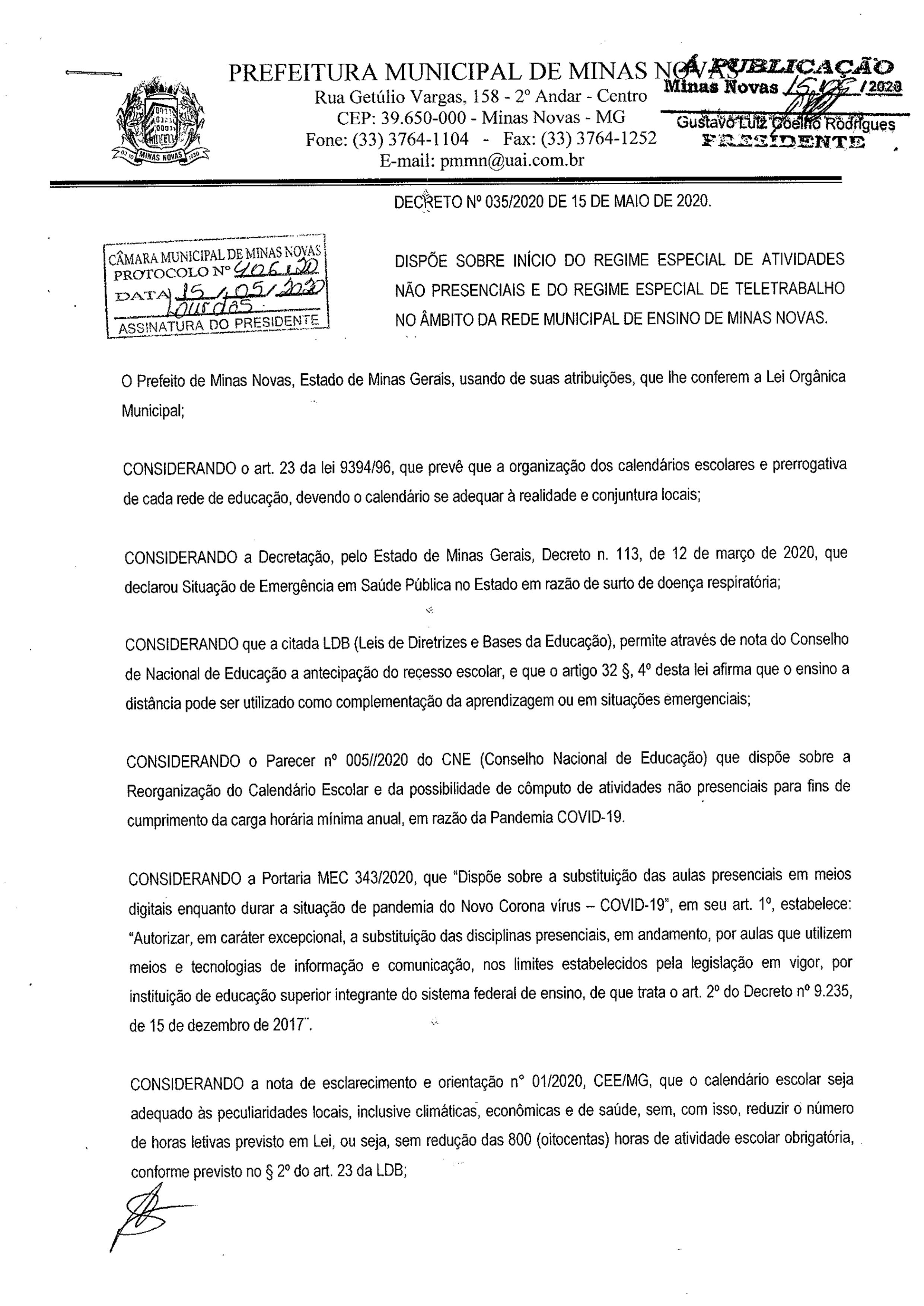 COMUNICADO AOS PAIS E ALUNOS DA REDE MUNICIPAL DE ENSINO DO MUNICÍPIO DE MINAS NOVAS