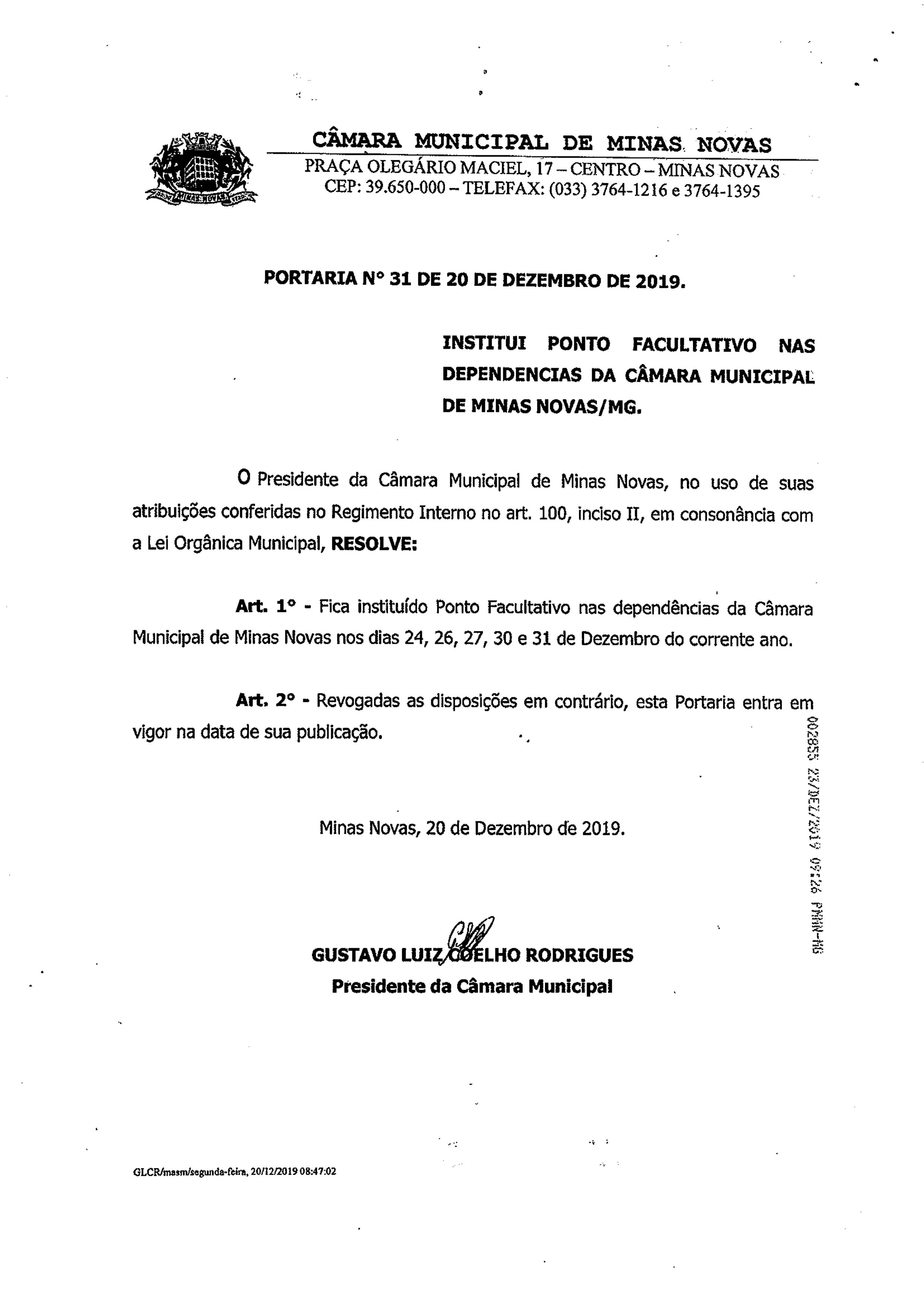 COMUNICADO DA CÂMARA MUNICIPAL DE MINAS NOVAS