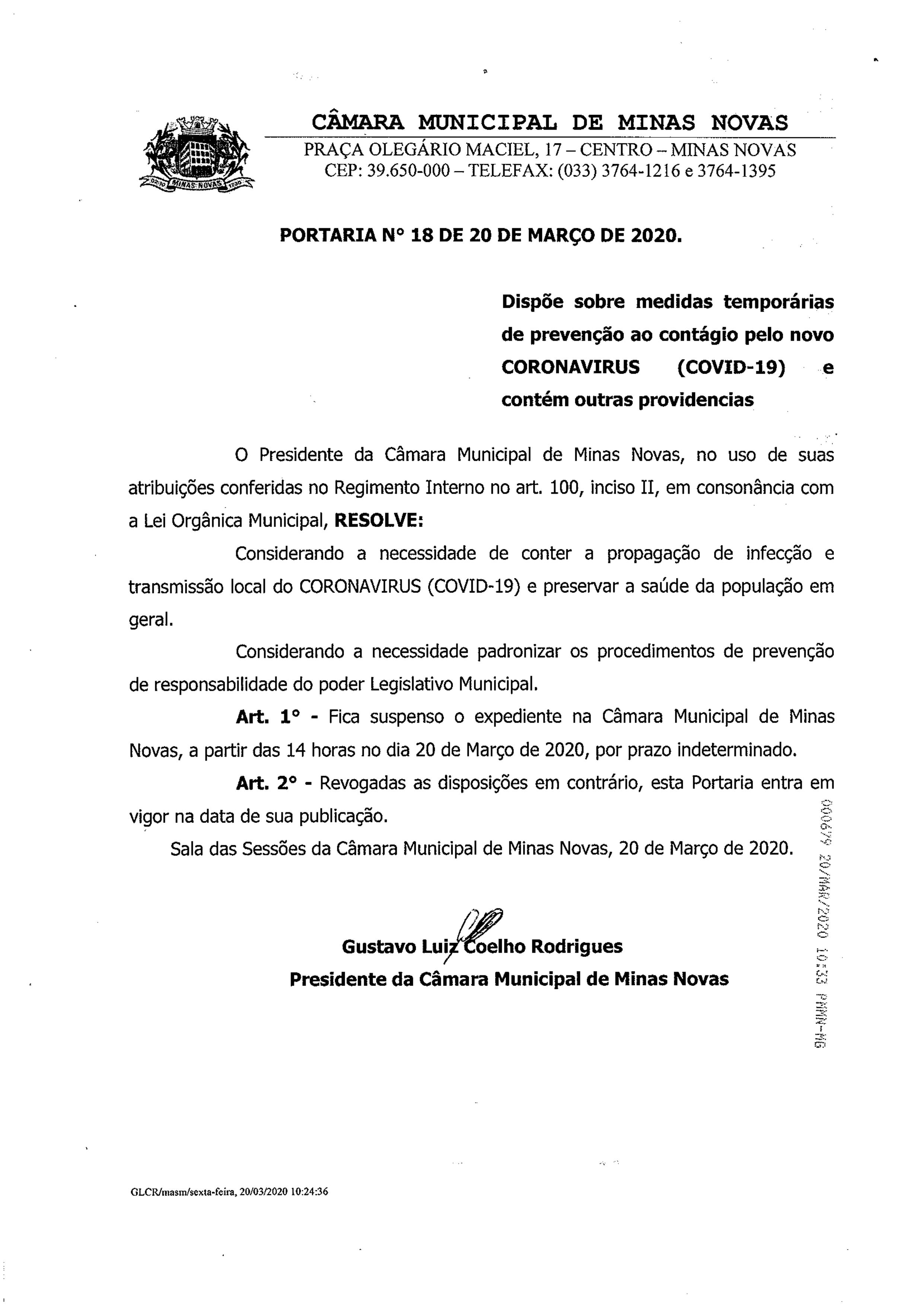 COMUNICADO DA CÂMARA MUNICIPAL DE MINAS NOVAS