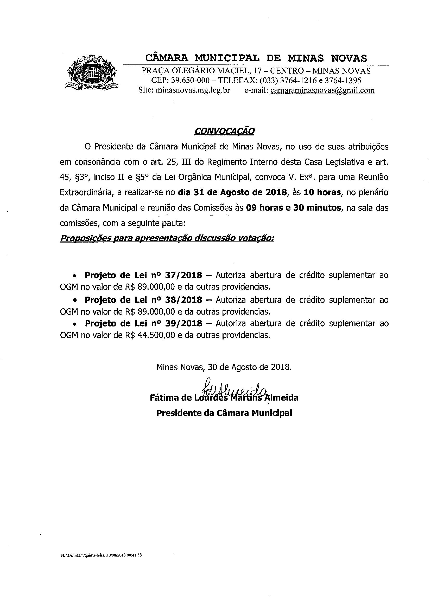 Convite - 04ª Reunião Extraordinária da Câmara Municipal (Exercício de 2018)