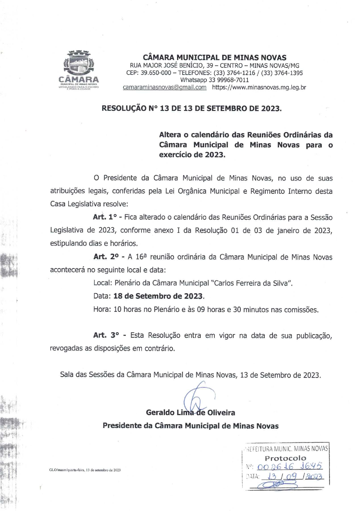 CONVITE - 16ª Reunião Ordinária da Câmara Municipal de Minas Novas (Exercício de 2023)