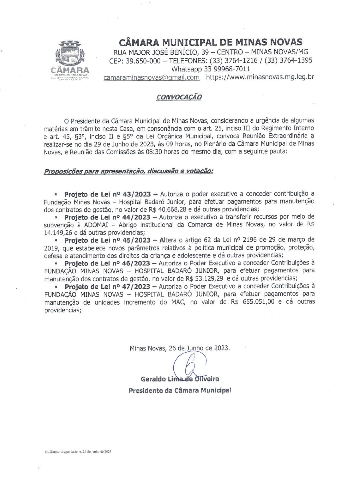 Convocação para a 01ª Reunião Extraordinária da Câmara Municipal de Minas Novas (Exercício de 2023)