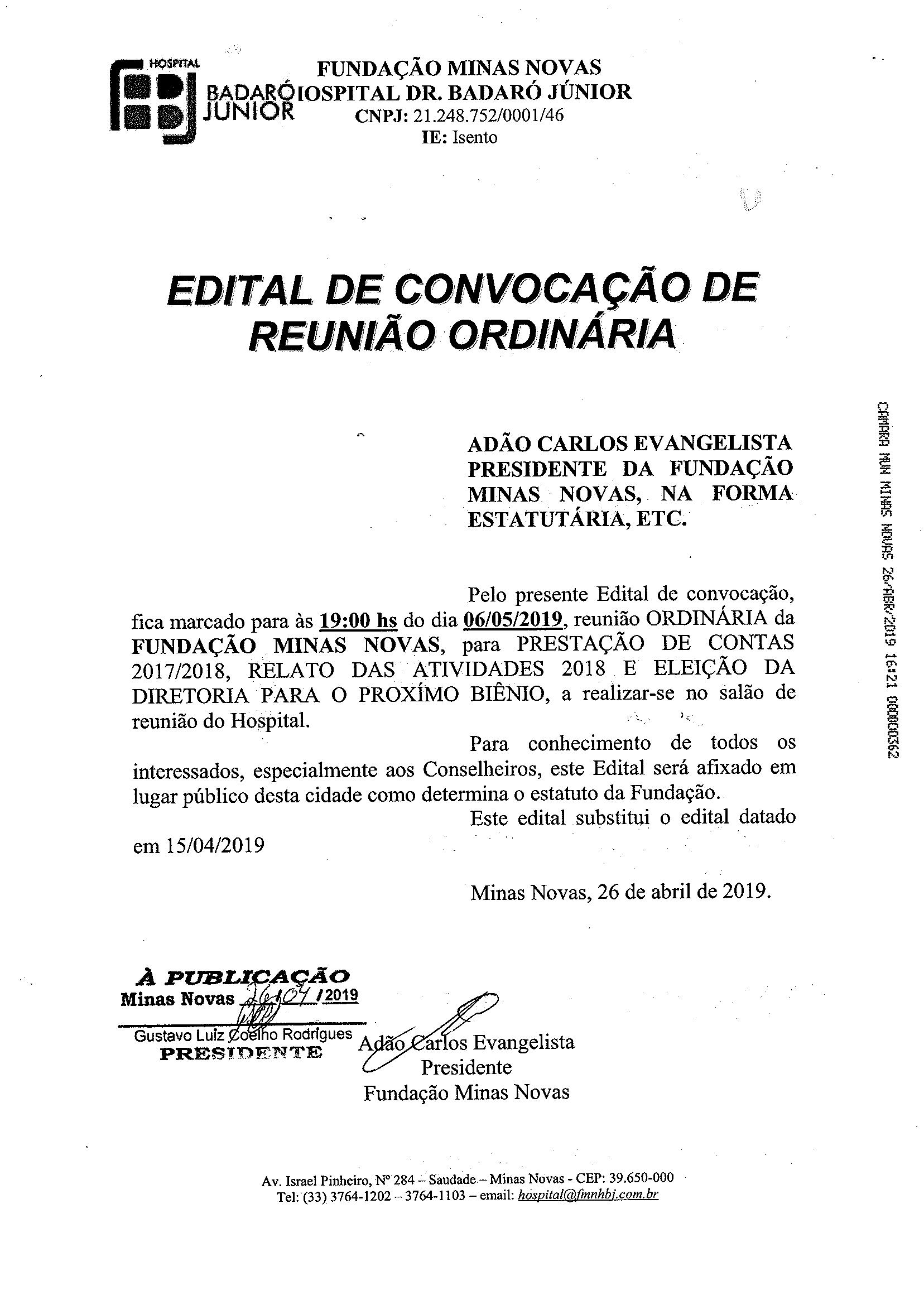 Edital de Convocação de Reunião Ordinária da Fundação Minas Novas - Hospital Dr. Badaró Júnior