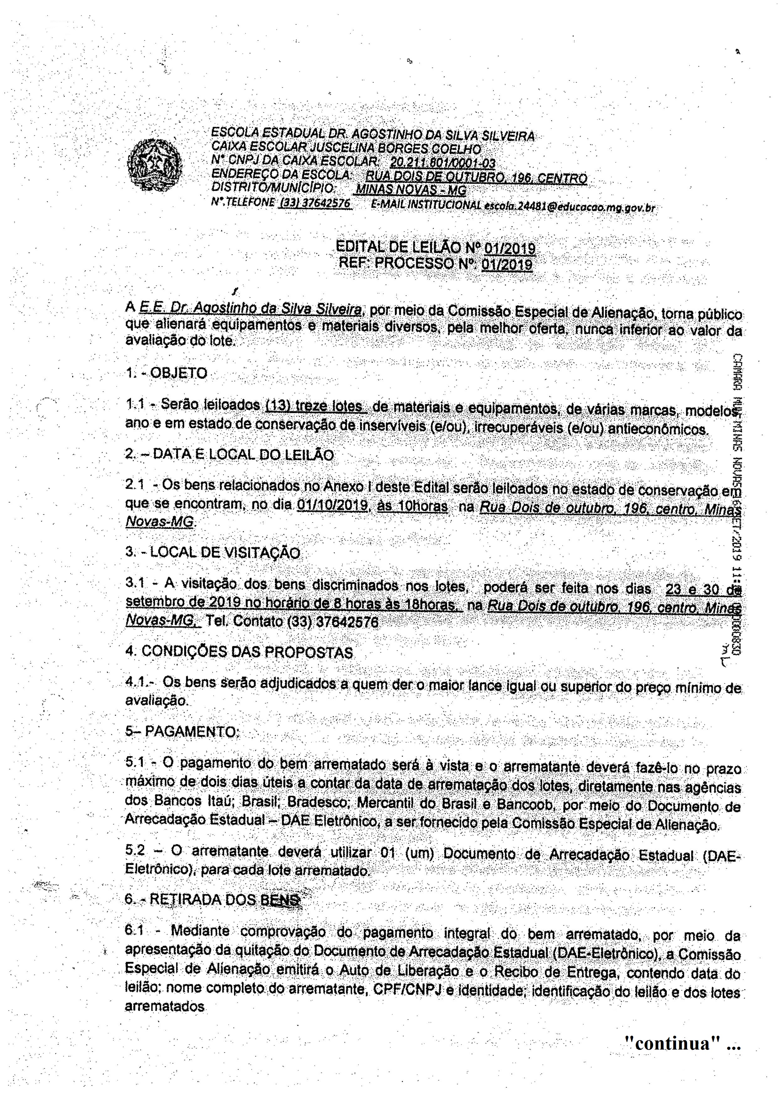 Edital de Leilão nº 01/2019 - Ref. Processo nº 01/2019 (Escola Estadual "Dr. Agostinho da Silva Silveira")