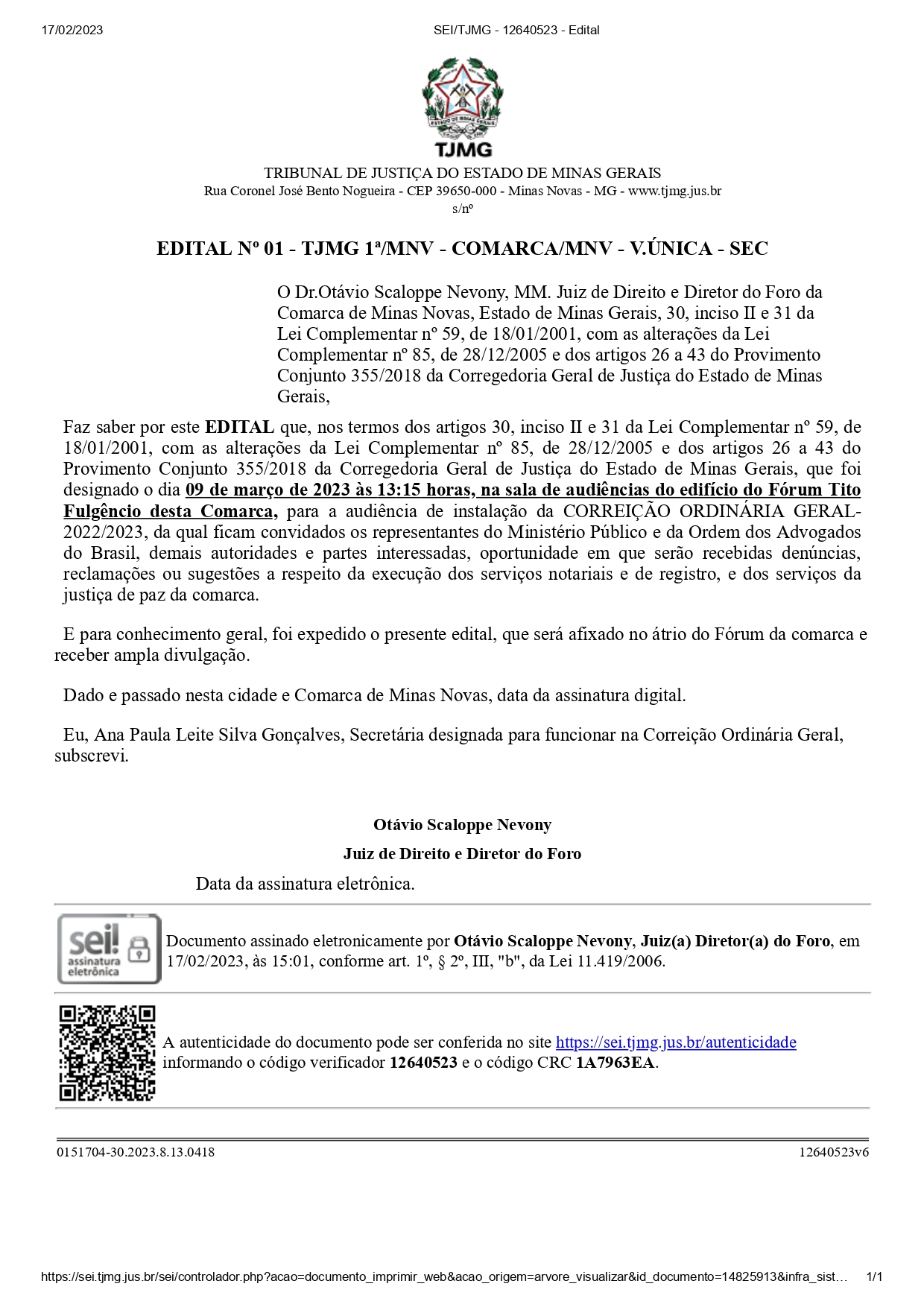 Edital nº 01 - TJMG 1ª/MNV - COMARCA/MNV - V.ÚNICA - SEC