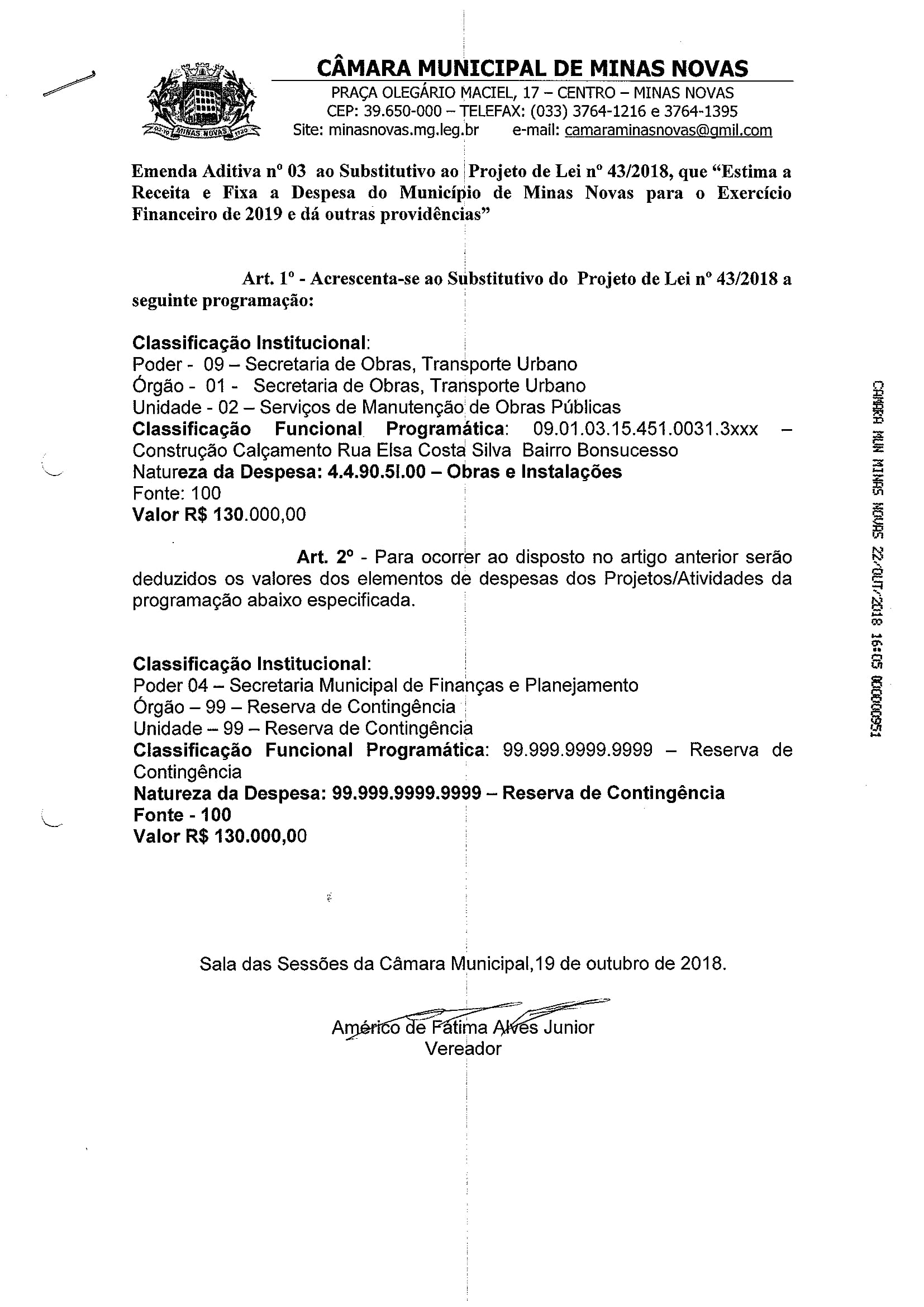 Emenda Aditiva nº 03 ao Substitutivo do Projeto de Lei nº 43/2018