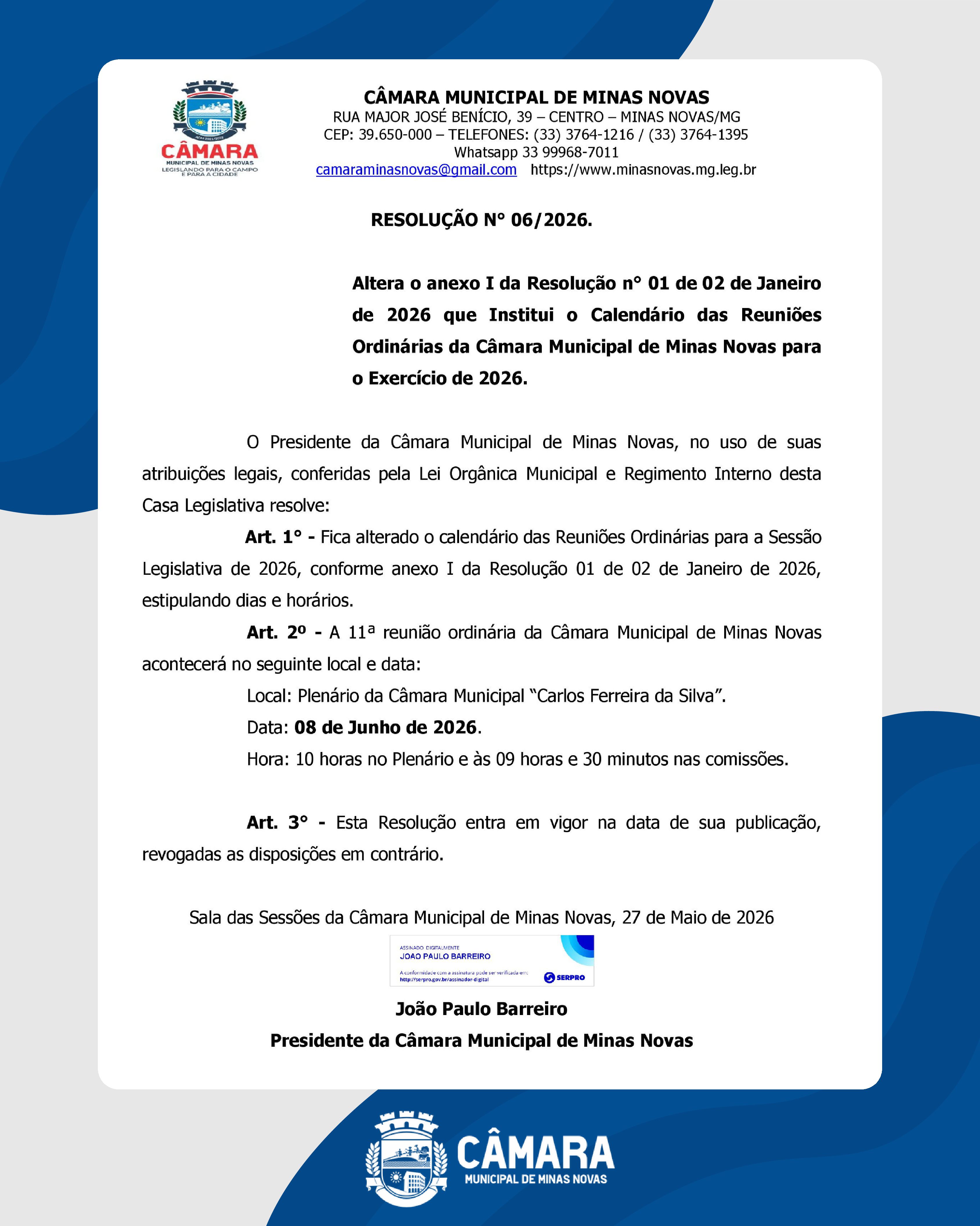 Mudança na data da 11ª Reunião Ordinária