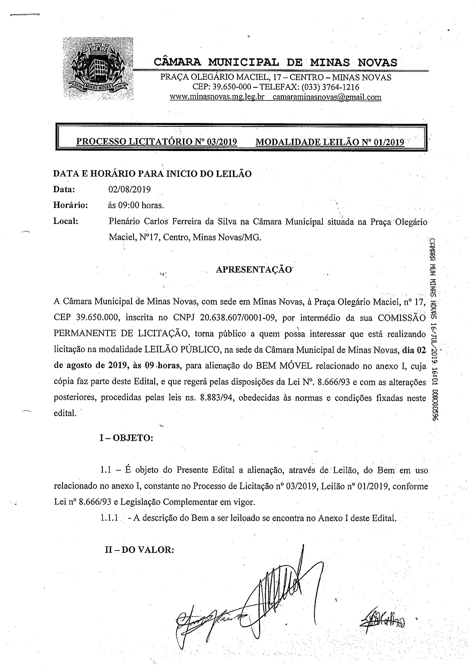 Processo Licitatório nº 03 de 2019 - Modalidade Leilão nº 01 de 2019