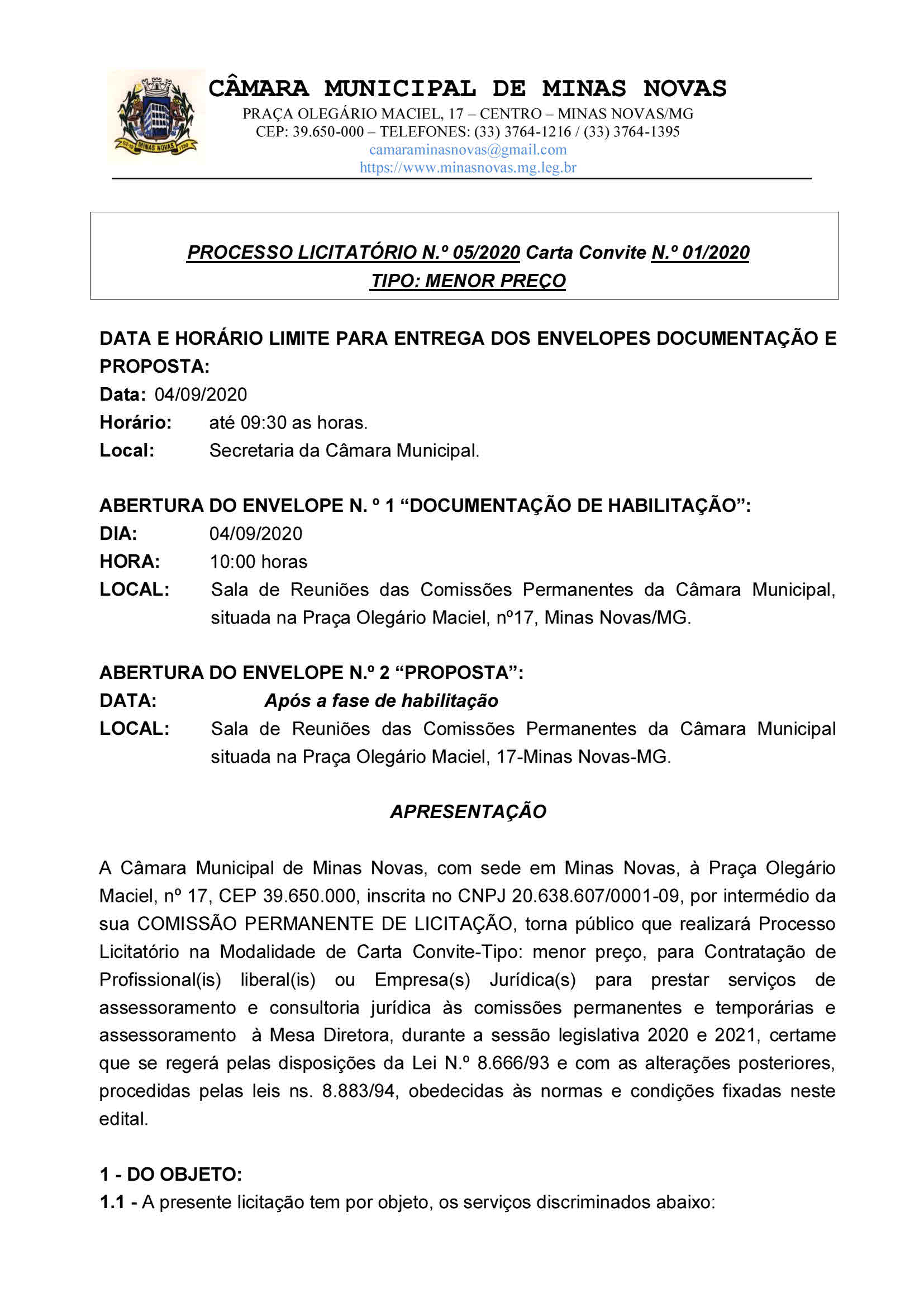 Processo Licitatório nº 05 de 2020 - Carta convite nº 01 de 2020