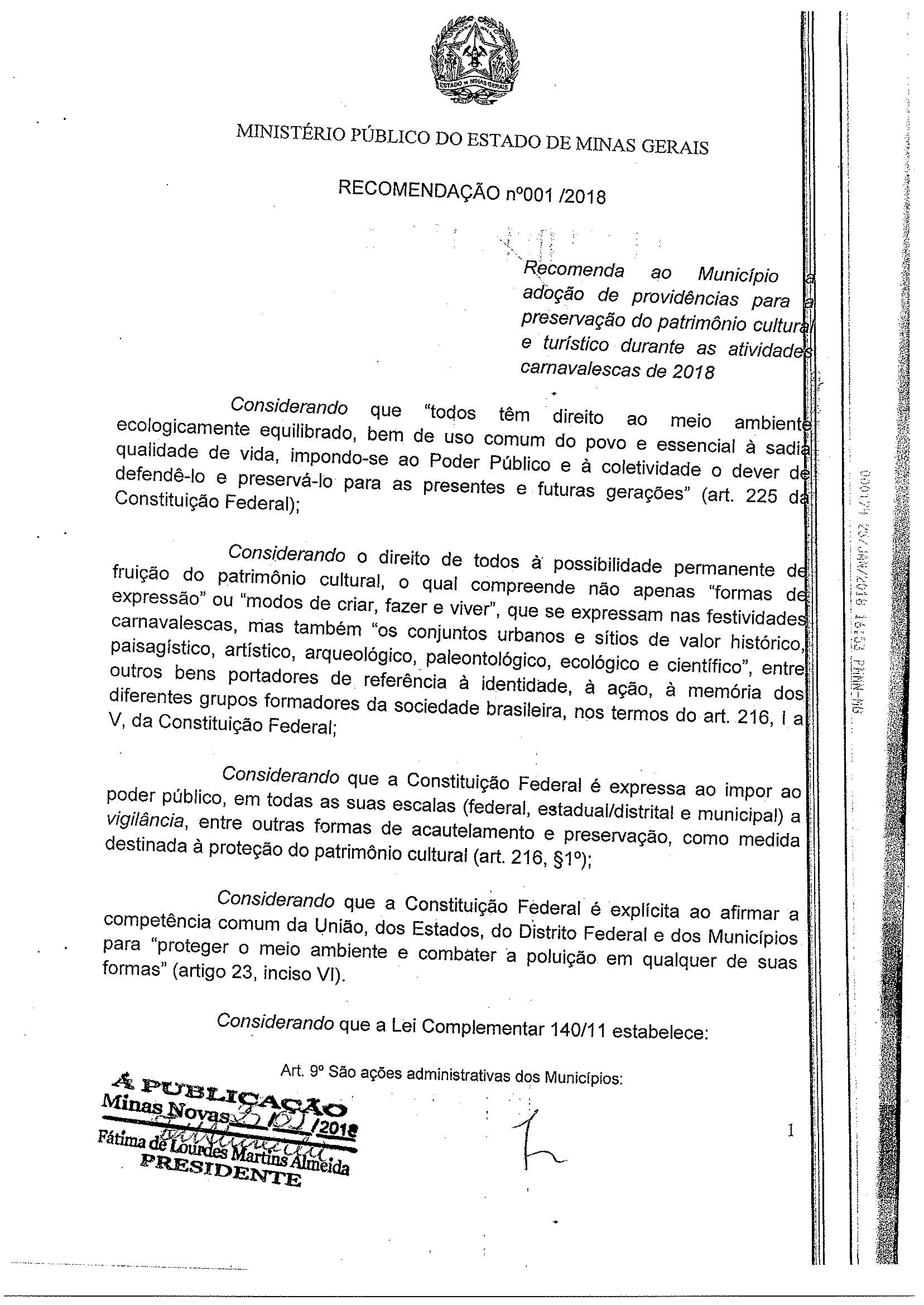Recomendação nº 001/2018 – Ministério Público do Estado de Minas Gerais
