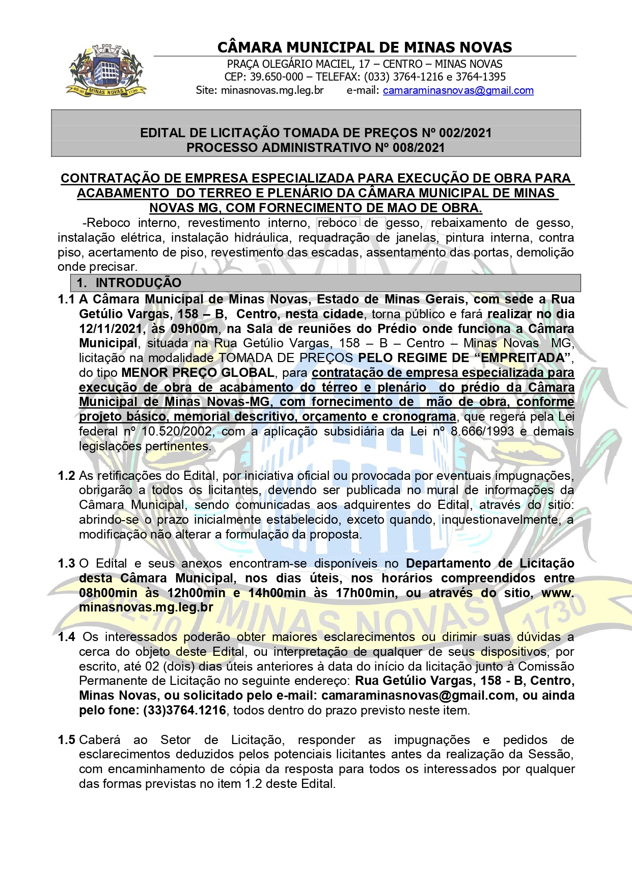 Edital de Licitação - Tomada de Preços nº 002 de 2021 - Processo Administrativo nº 008 de 2021