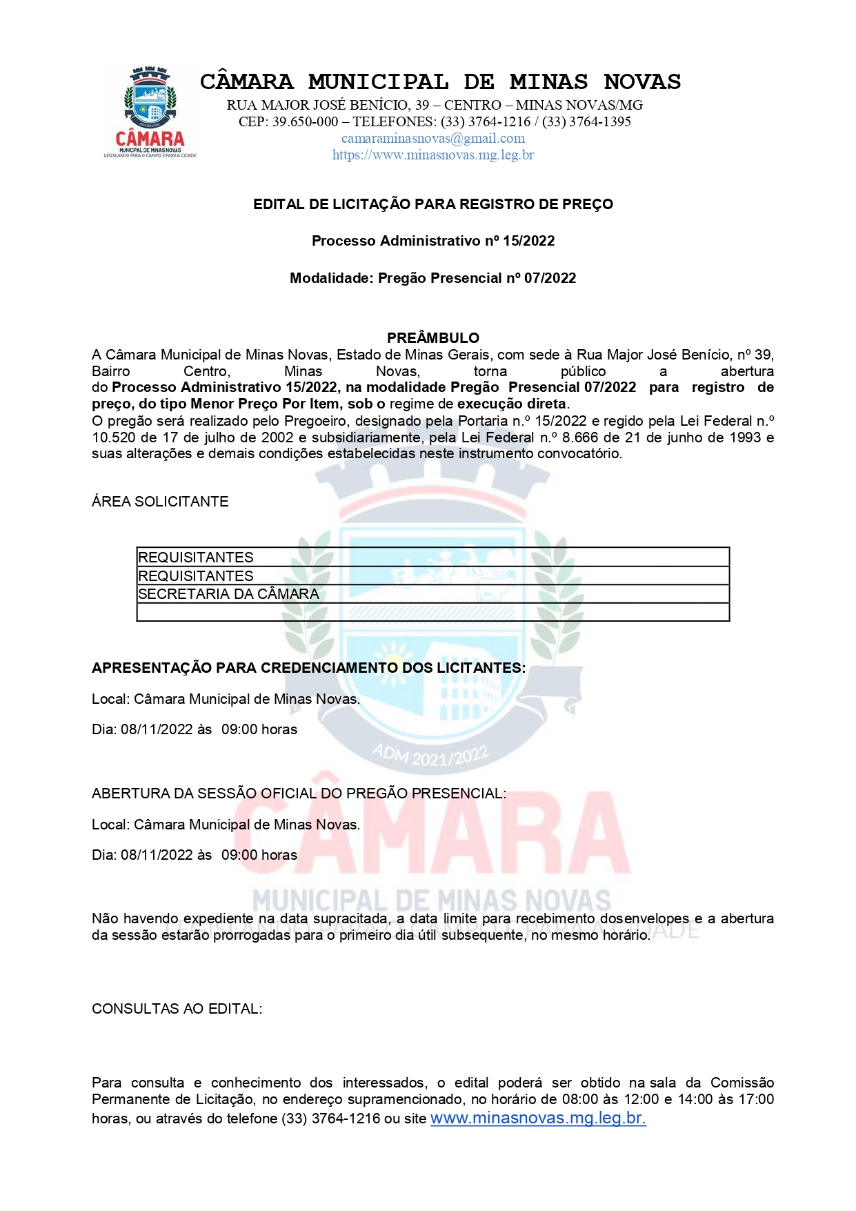 Edital de Licitação para Registro de Preço - Processo Administrativo nº 15 de 2022 - Pregão Presencial nº 07 de 2022