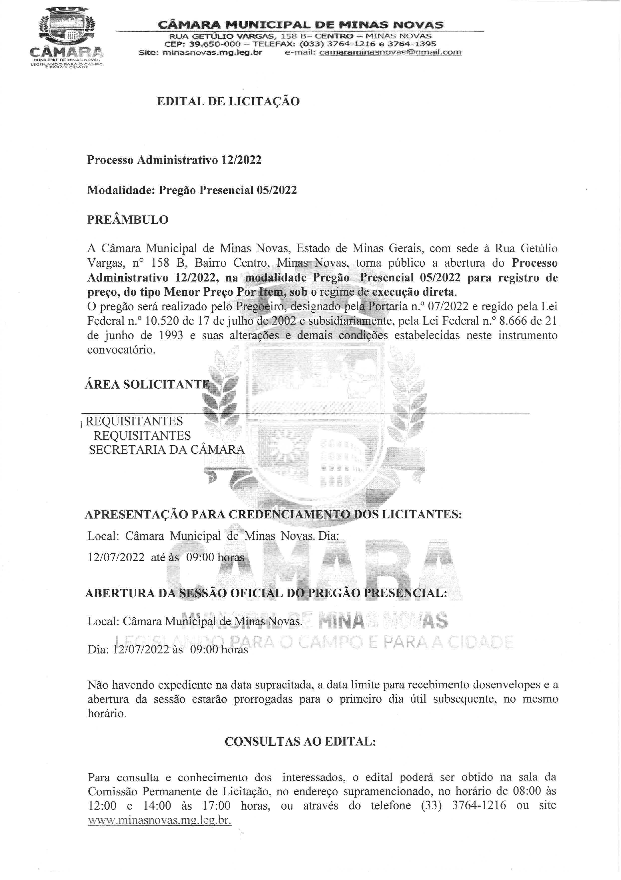 Edital de Licitação - Processo Administrativo nº 12/2022