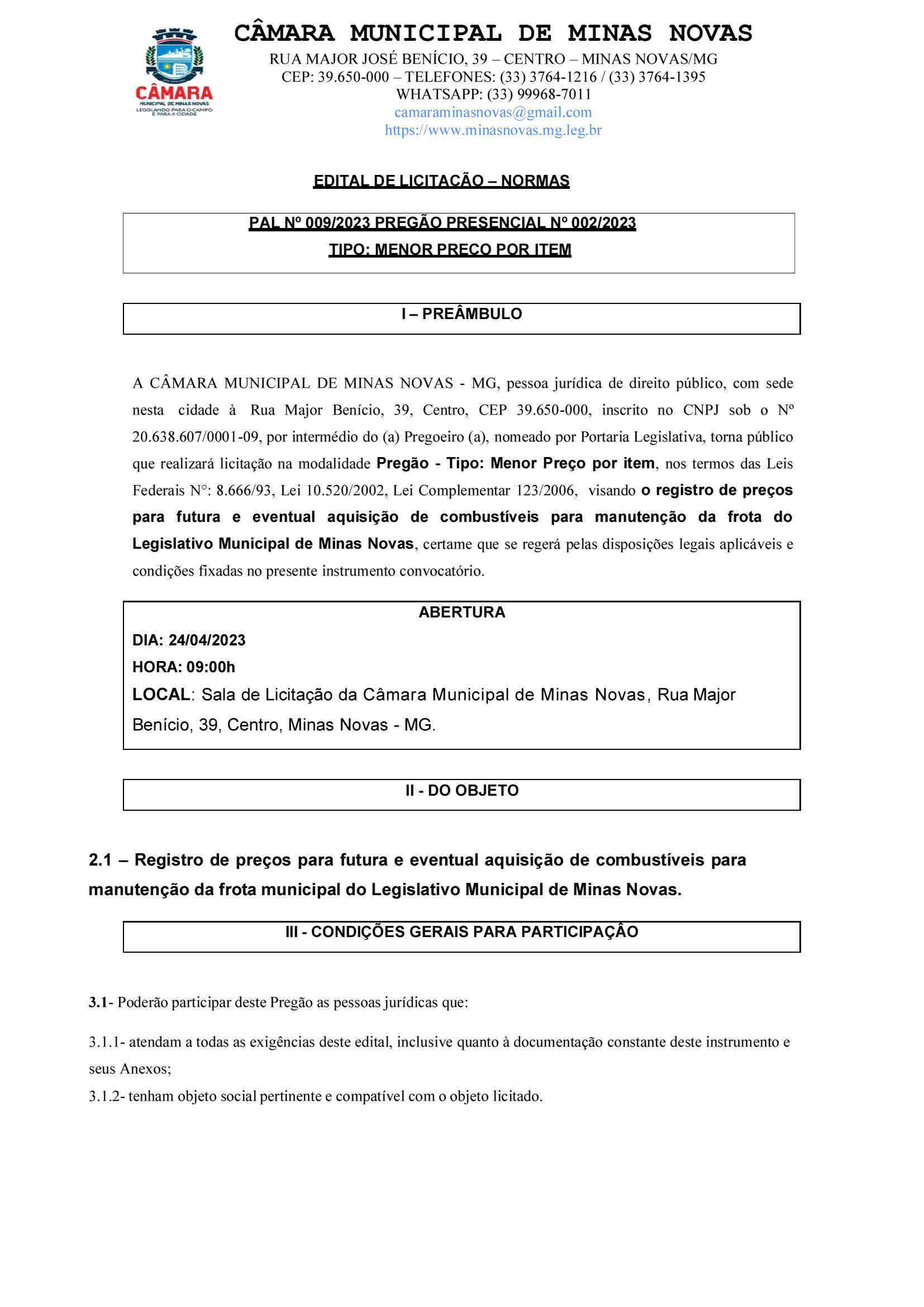 Edital de Licitação PAL nº 009 de 2023 - Pregão Presencial nº 002 de 2023