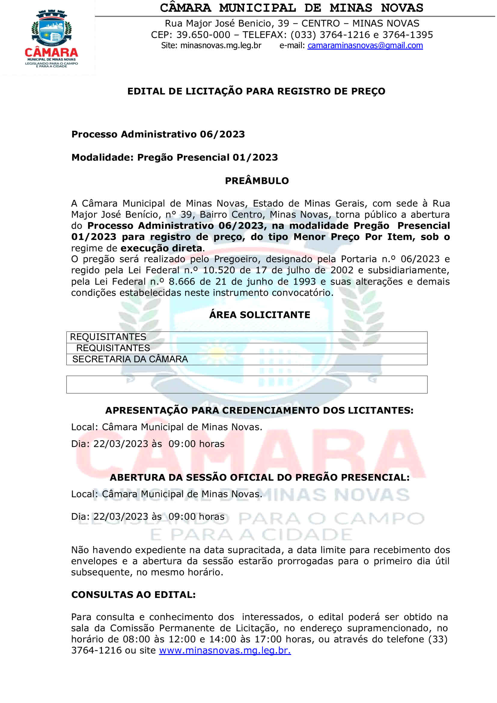 Edital de Licitação para Registro de Preço - Processo Administrativo nº 06 de 2023 - Modalidade: Pregão Presencial nº 01 de 2023