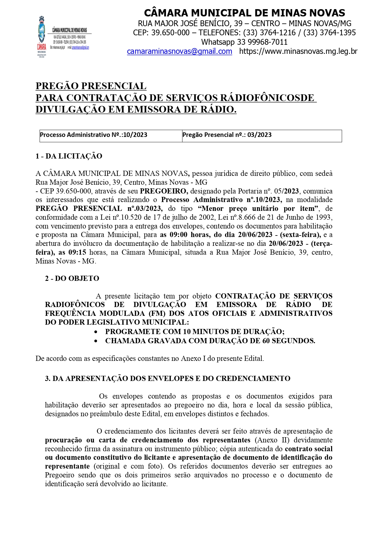 Edital de Licitação - Processo Administrativo nº 10 de 2023 - Pregão Presencial nº 03 de 2023